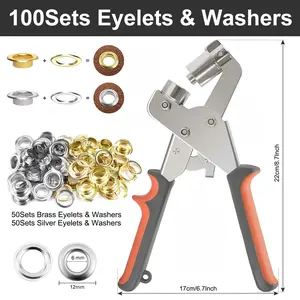 6mm Air Hole Snap Fastener Hand Press Clamp Installation Tool Set, Sail Tent Cloth Metal Eyelets, Includes 100 Sets Silver Color & Washers
