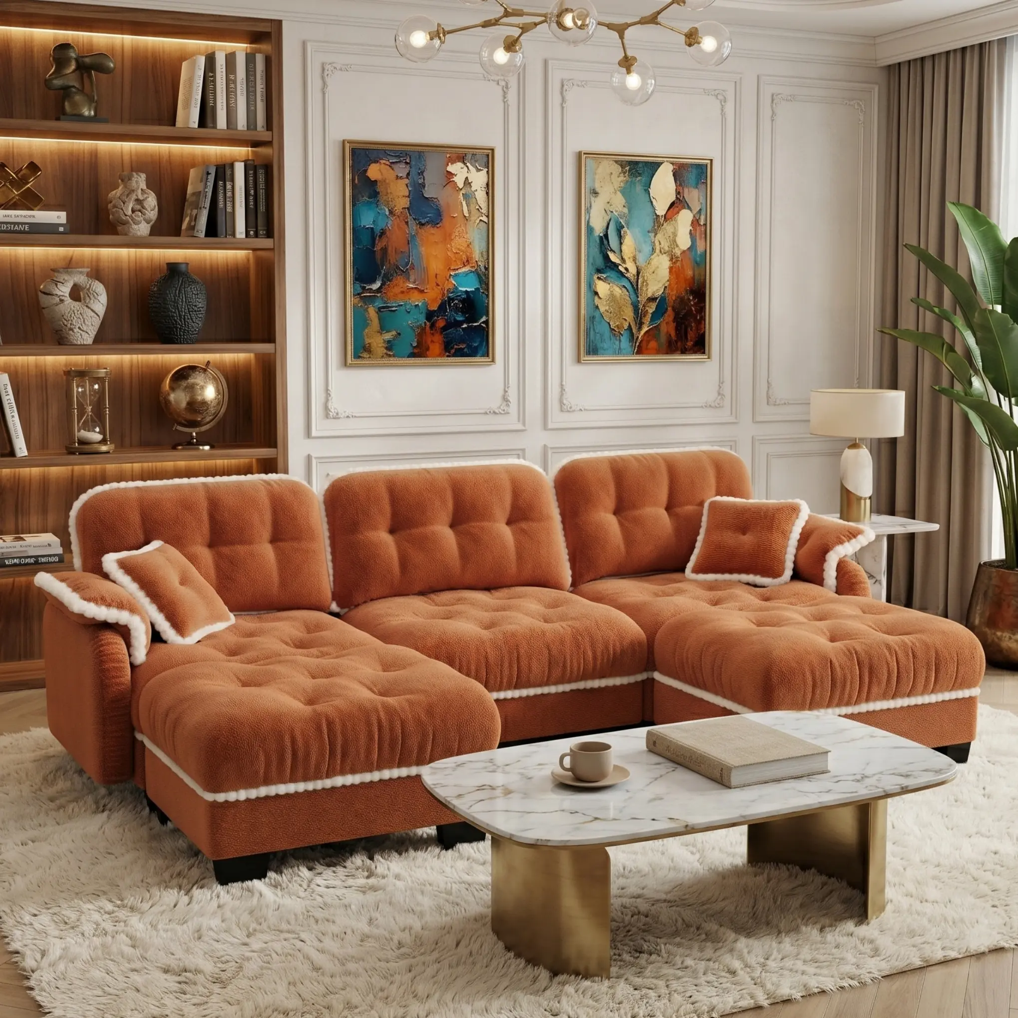 Eyisean 100.7in Chenille Modern Modular Sectional Sofa Furniture - 3-Seater U-Shaped Comfy Couch with Fixed Arms, Armrest Pillow, Back Cushion, 2 Movable Ottomans, Pom-Pom Trim Quilted Tufted Deep Seat, Ergonomic for Living Room Decor, Small Spaces, Ottom