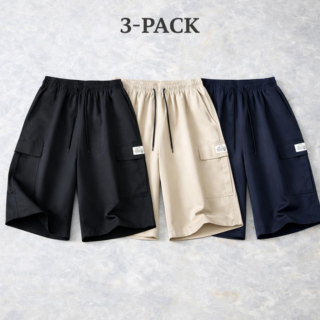 5-pack men’s cargo shorts for summer—loose fit with elastic waistband and drawstring, large side pockets and patch details, windproof breathable fabric, made from wear-resistant material; ideal for casual summer outdoor wear and a wardrobe essential for s