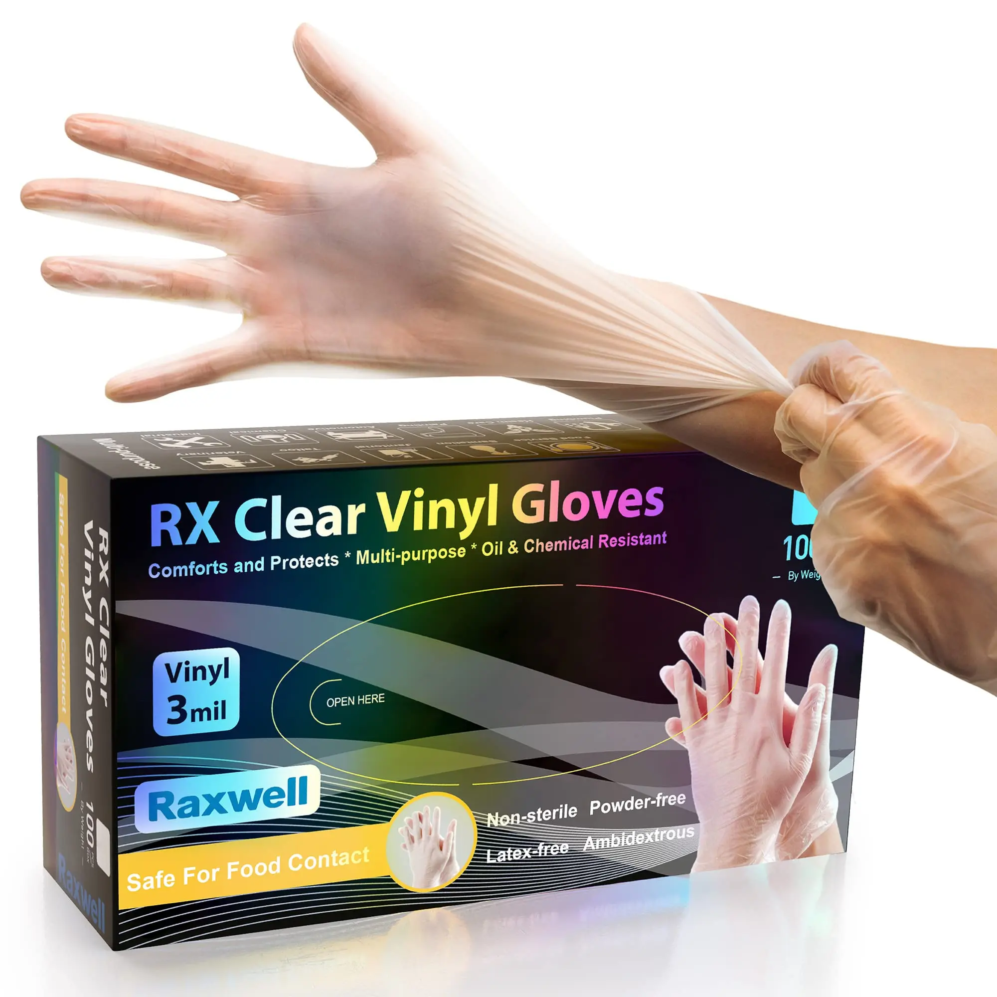 Raxwell Clear Latex & Powder Free 3 Mil Vinyl Disposable Gloves | Disposable Plastic, Food Handling, Cooking, Cleaning & Hair Dye Work Gloves | Box