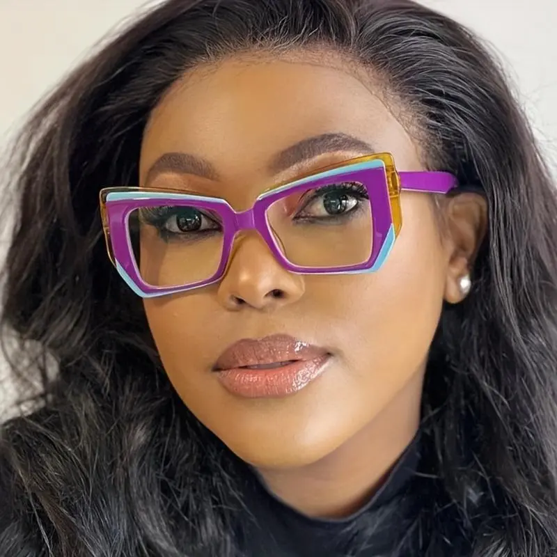 Women's Vintage Funky 5-Piece Retro Cat-Eye Sunglasses Set - Large Polygonal Frame, Colorblock Design, French Oil Painting Inspired, Blue Light Blocking Blue Tinted Non-Prescription Lenses for Casual/Formal Occasions, Blue Tinted Lenses Women's Sunglasses