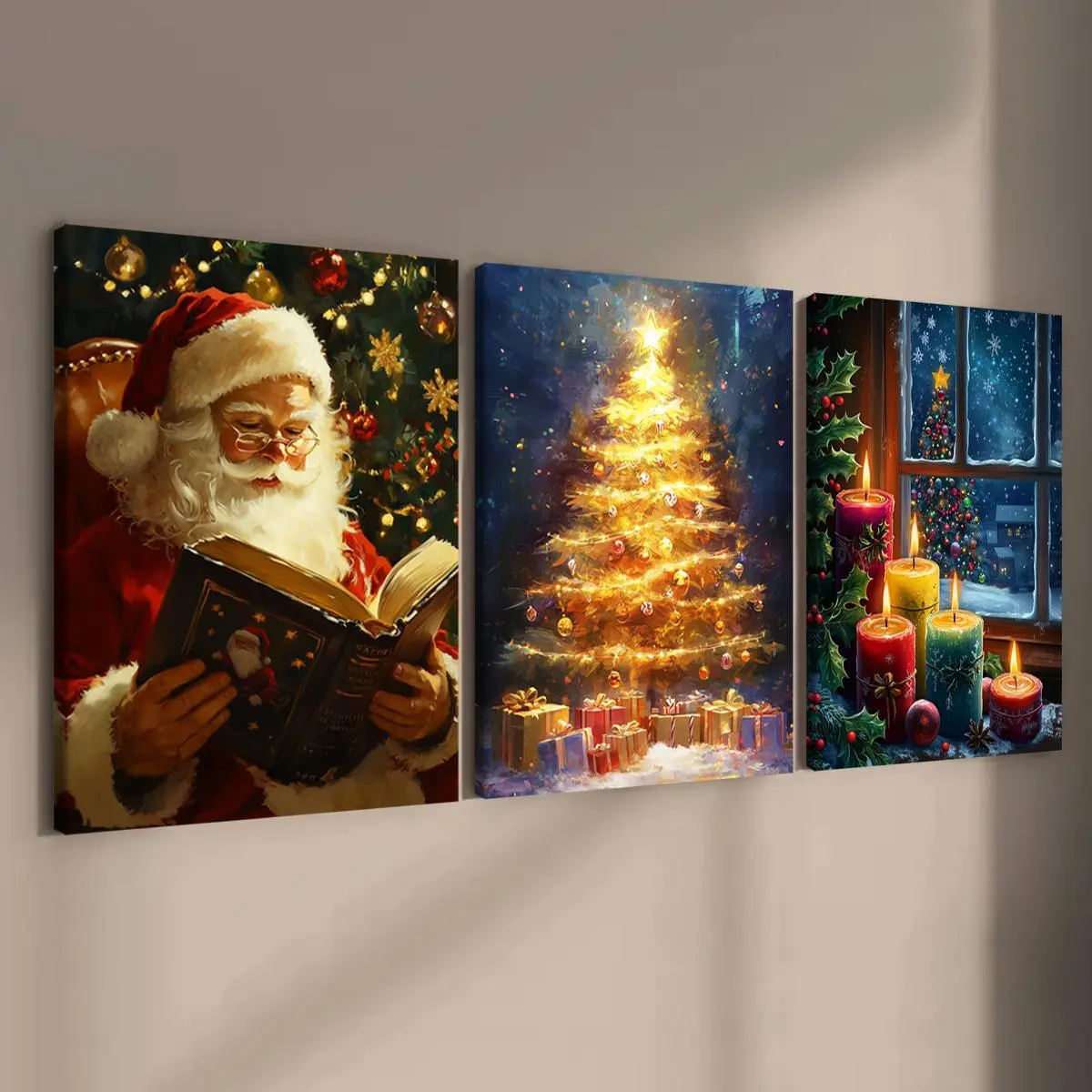 Christmas Themed Wooden Framed Canvas Painting, 3 Counts/set Santa Claus & Christmas Tree & Candle Pattern Wall Art, Wall Decor for Home Living Room Bedroom Modern Home Decoration