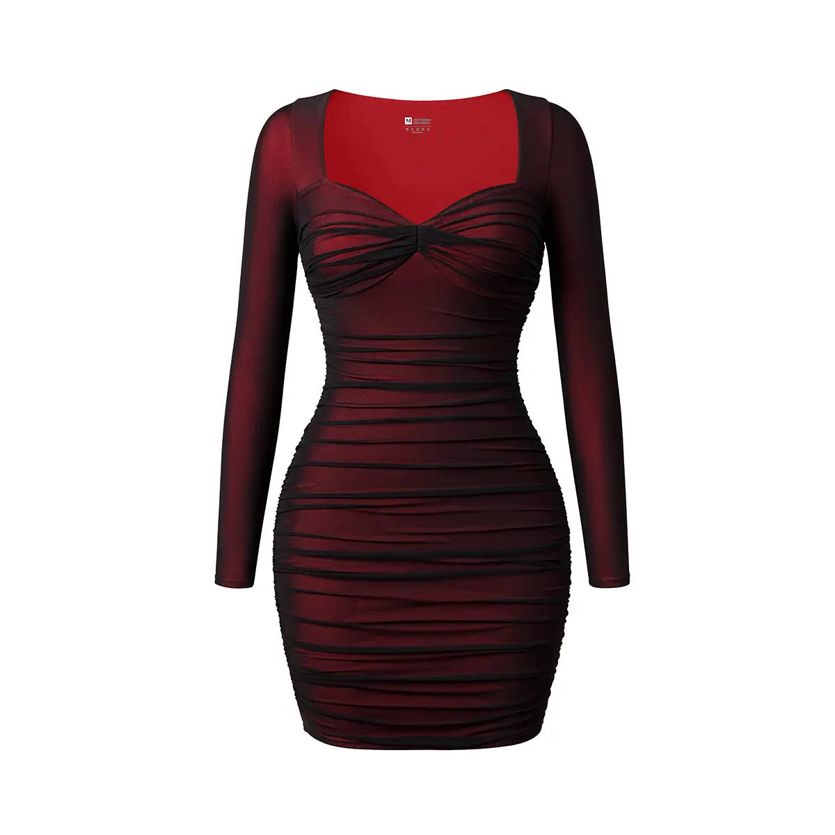 HYZ Women's Sexy Bodycon Long Sleeve Sweetheart Neck Color Block Mesh Ruched Mini Party Dress