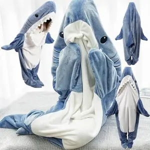 Shark Pajamas Adult Cute Shark Blanket Hoodie Wearable Blanket Super Soft Flannel Sleeping Bag Anti-Kicking Blanket winter loungewear Nightwear Womenswear Onesies Homewear Pjs Long Sleeve