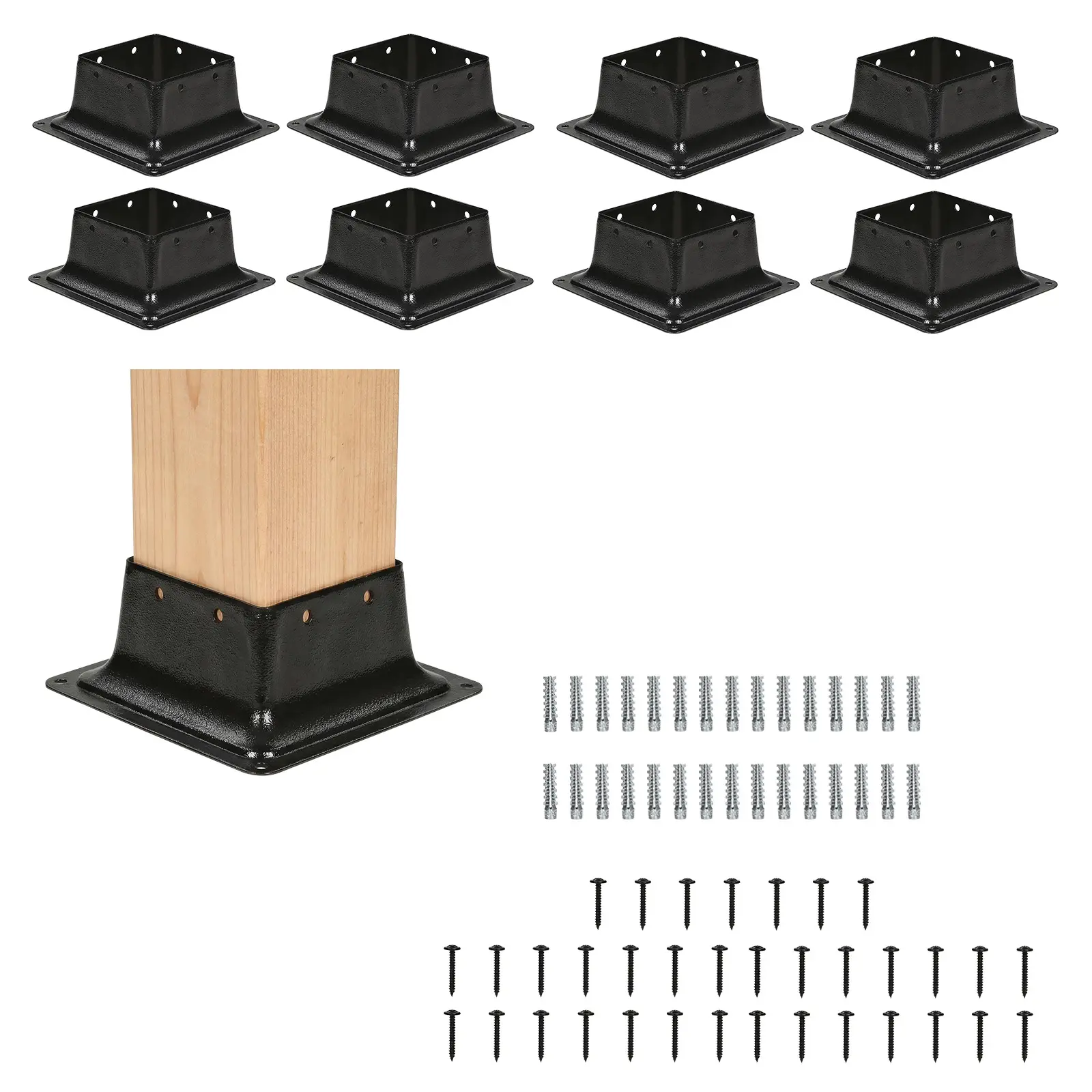 Set of 8 4x4 Post Base Bracket Internal 3.6" x 3.6" Powder Coated Steel Post Base for Wood Post, Deck Post Anchor with Screws for Pergola Porch Fence Mailbox Railing