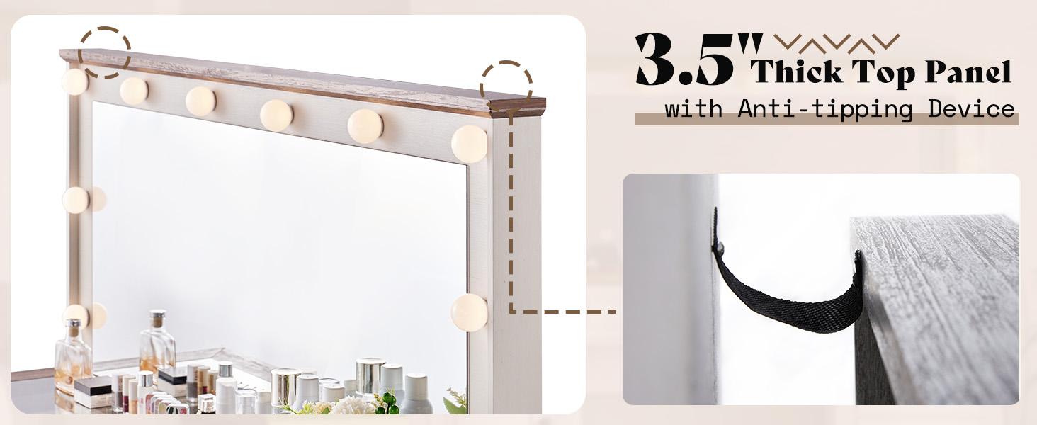 AMERLIFE 55.1" W Makeup Vanity with Hollywood Mirror, Glass Top Vanity with 5 Drawers & Adjustable Cabinet & Charging Station, 10 Detachable Light Bulbs, Bedroom/Salons/Best Gift Ideas/Christmas Gifts