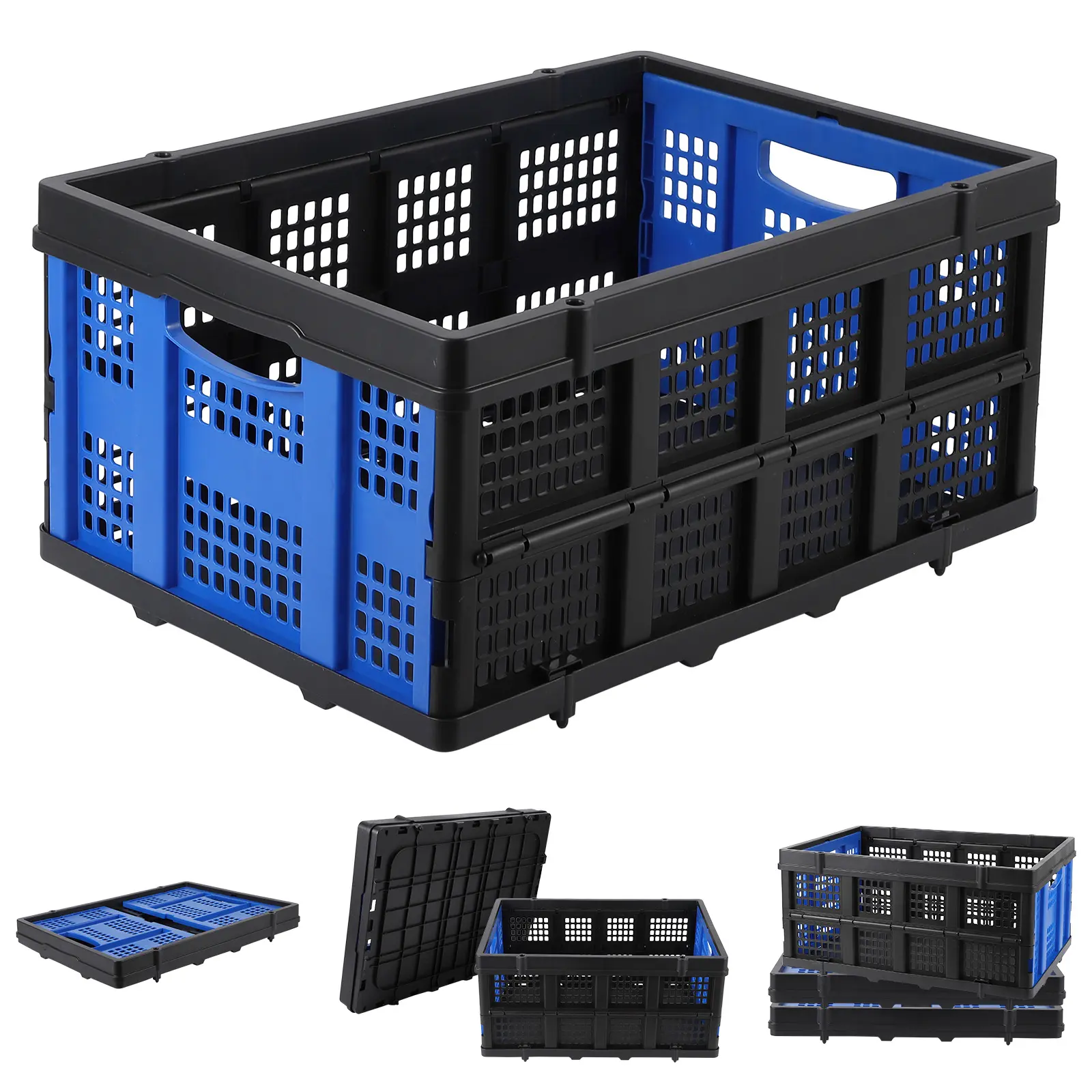 Collapsible Plastic Crate, 55L(14.5 Gallon) Foldable Storage Basket, Stackable Utility Crate with Handle, Heavy Duty Stackable Containers Folding Storage Baskets for Food, Drinks, Books, Tools