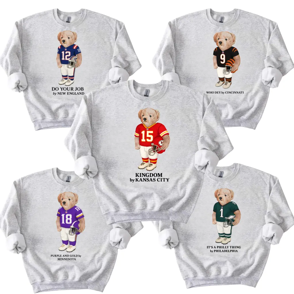 All Team Football Teddy Bear Graphic Sweatshirt Pullover, ASH GREY Vintage Sport Shirt, Cute Gift For Football Fan, Vintage Sport Crewneck