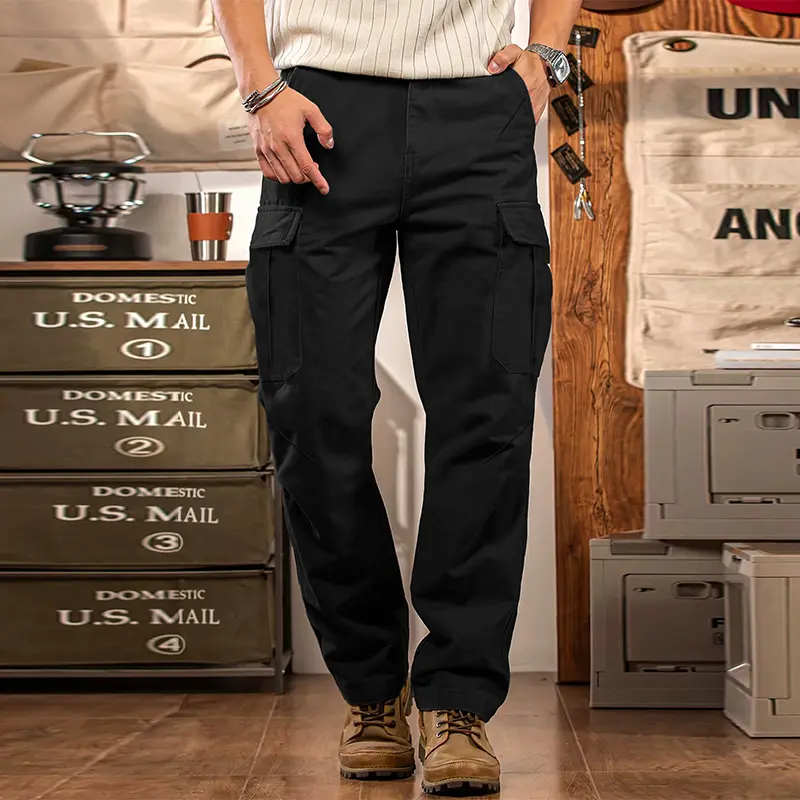 Men's All-Season Plain Straight Cargo Pants - Menswear, Stylish Solid Design, Multiple Side Pockets with Decorative Details, Loose Drape for Everyday Wear, Outings