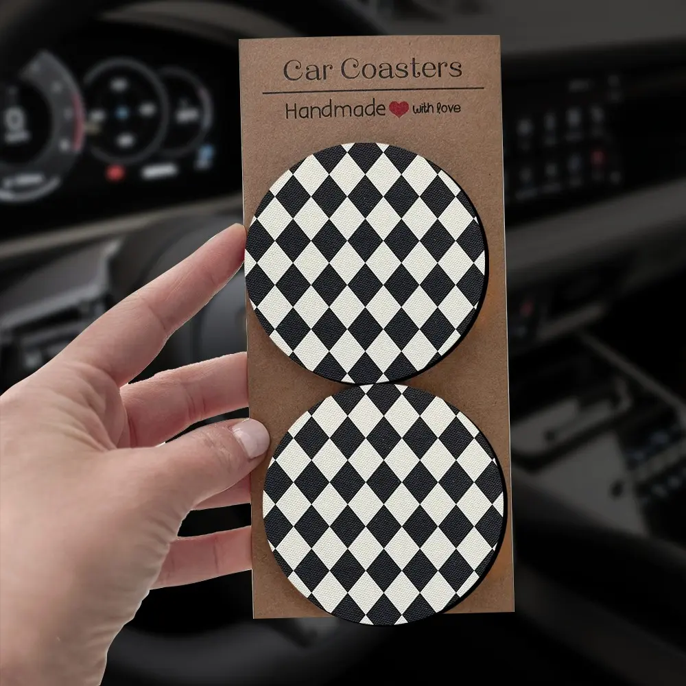 Checkerboard Car Coasters, Checkered Car Accessories, 2/4 Pieces Rhombus Clown Print, Classic Retro Aesthetic, Non-Slip Absorbent, 6.8 Cm Round, Car Auto Accessory, Vehicle Accessories