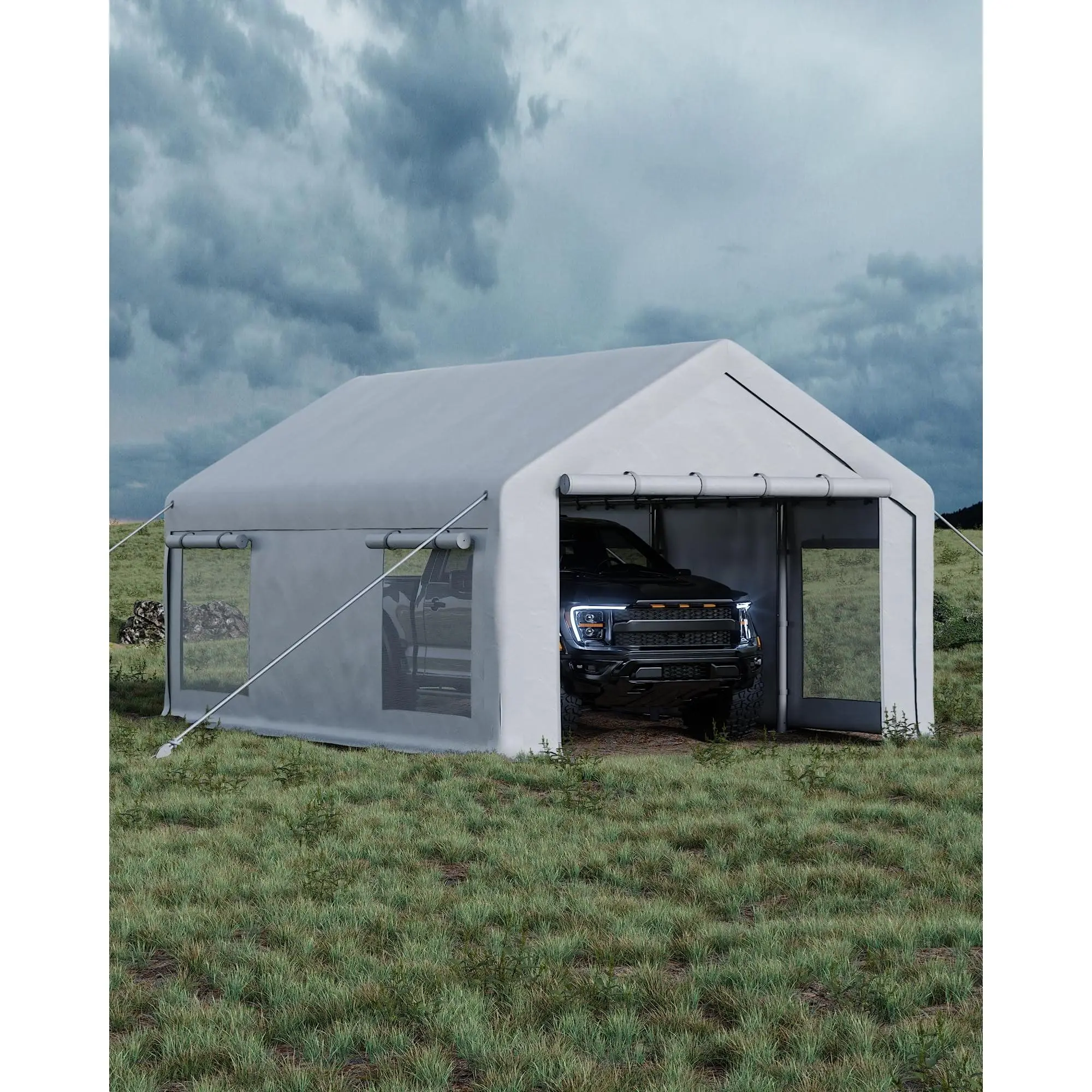 Gaomon Sturdy 10x20 ft (200 sq ft) Portable Garage Cover, Stable Galvanized Steel Frame, Easy to Assemble Quick-Set 200g PE Tarp Canopy, 2 Roll-Up Doors, 4 Windows for Paint Booth, Temporary Storage