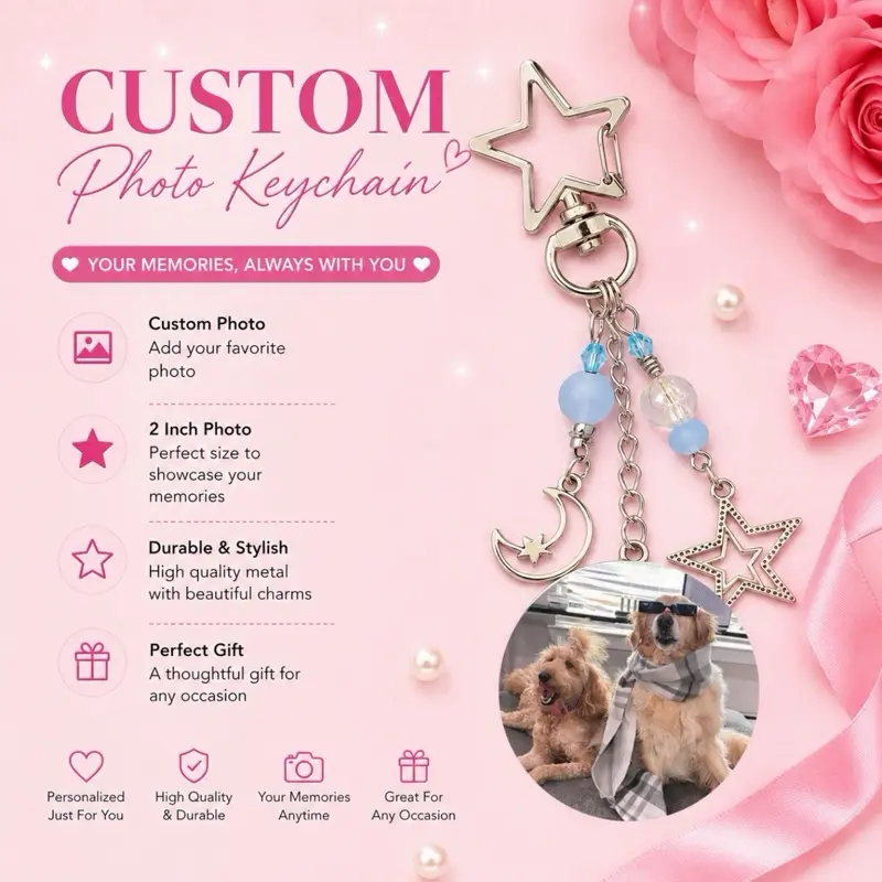 Custom photo star and moon keychain
