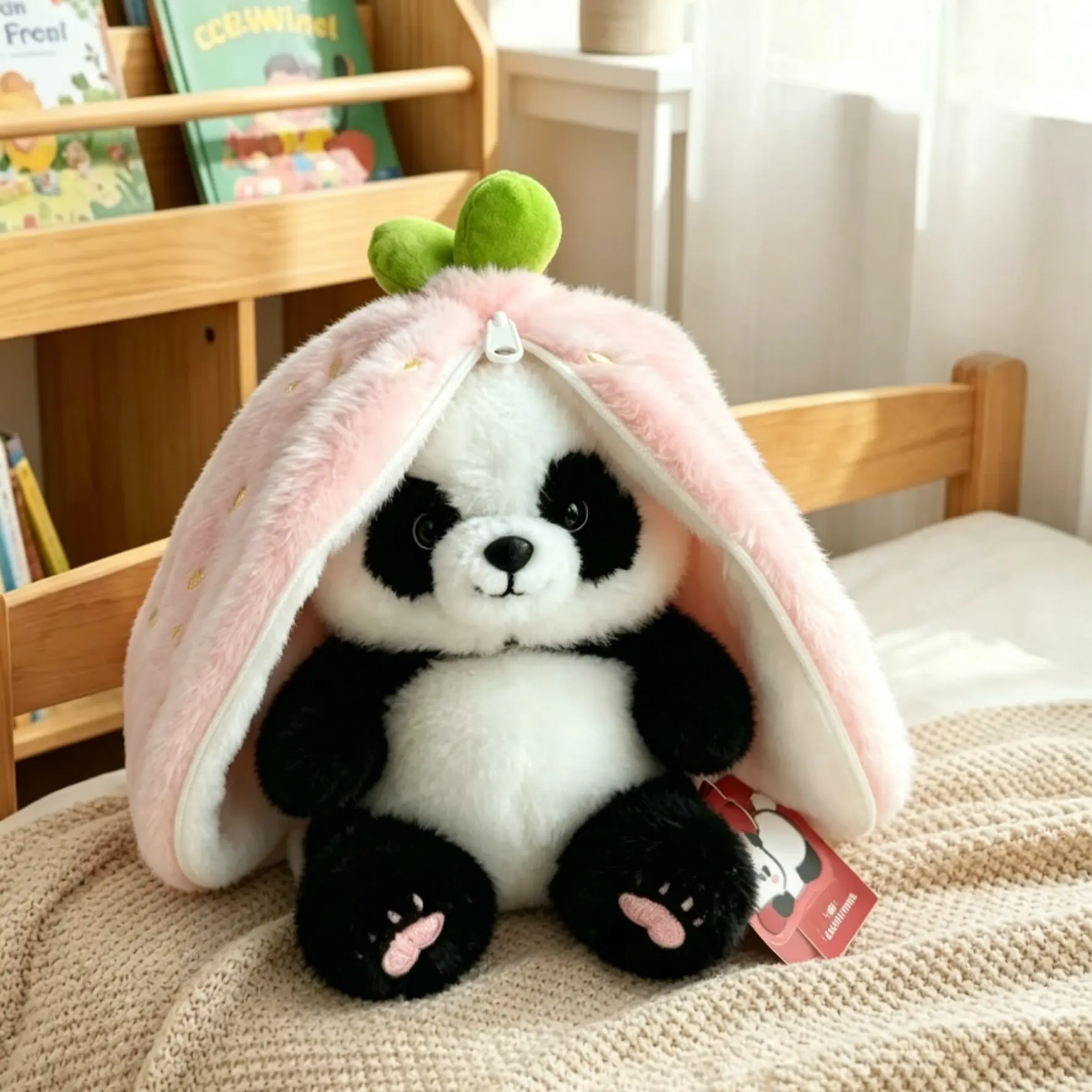 2-In-1 Strawberry Panda Plush Toy, Soft and Transformable Stuffed Doll, Perfect for Kids and Collectors, Adorable and Durable Design