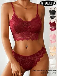 5SET Value Pack Lace Lingerie Set Chic French Style Wireless Bralette Ultra-Soft Stretchy Fitted Summer Wardrobe Essentials