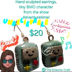 Tiny BMO character from aventure time show. polymer clay. hand sculpted earrings.