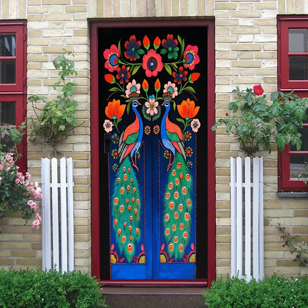 2 Peacock Flower Decorative Door Wall Stickers Self Adhesive Waterproof PVC Material Living Room BedroomWall Decor Stickers Colorful Ethnic Art Wall Stickers Removable No Damage to Walls Home Decor Dec