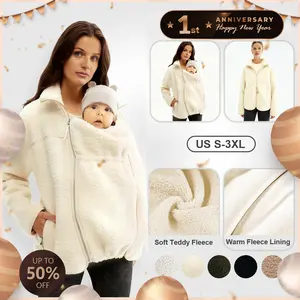 Pwest MAMA Women Before & After Babywearing Fleece Jacket Soft Teddy Fleece, Long-sleeve Zippered Jacket with Pocket, Detachable Babywearing Panel, Winter Warmth, 2 in 1 Design-Cream-BlackFriday