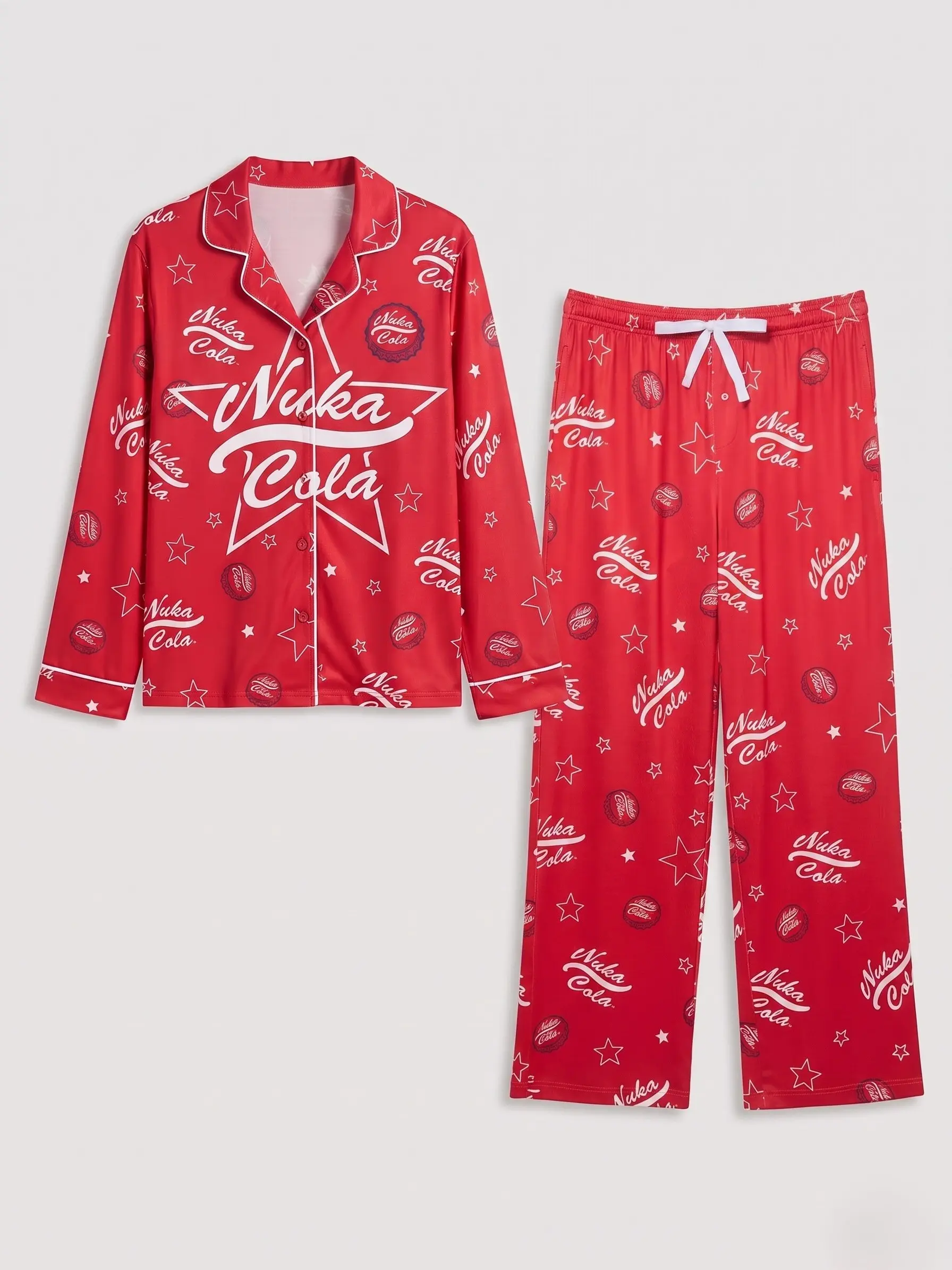 Women's Nuka-Cola Allover Print Red Pajama Set, Long Sleeve Button Down PJs, Planet Graphic Sleepwear, Cute Cosmic Loungewear Gift