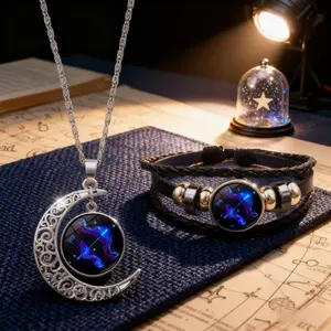 Luminous 12 Constellations Set |   Silver Hollow Moon Pendant |   Leather Bracelet Jewelry