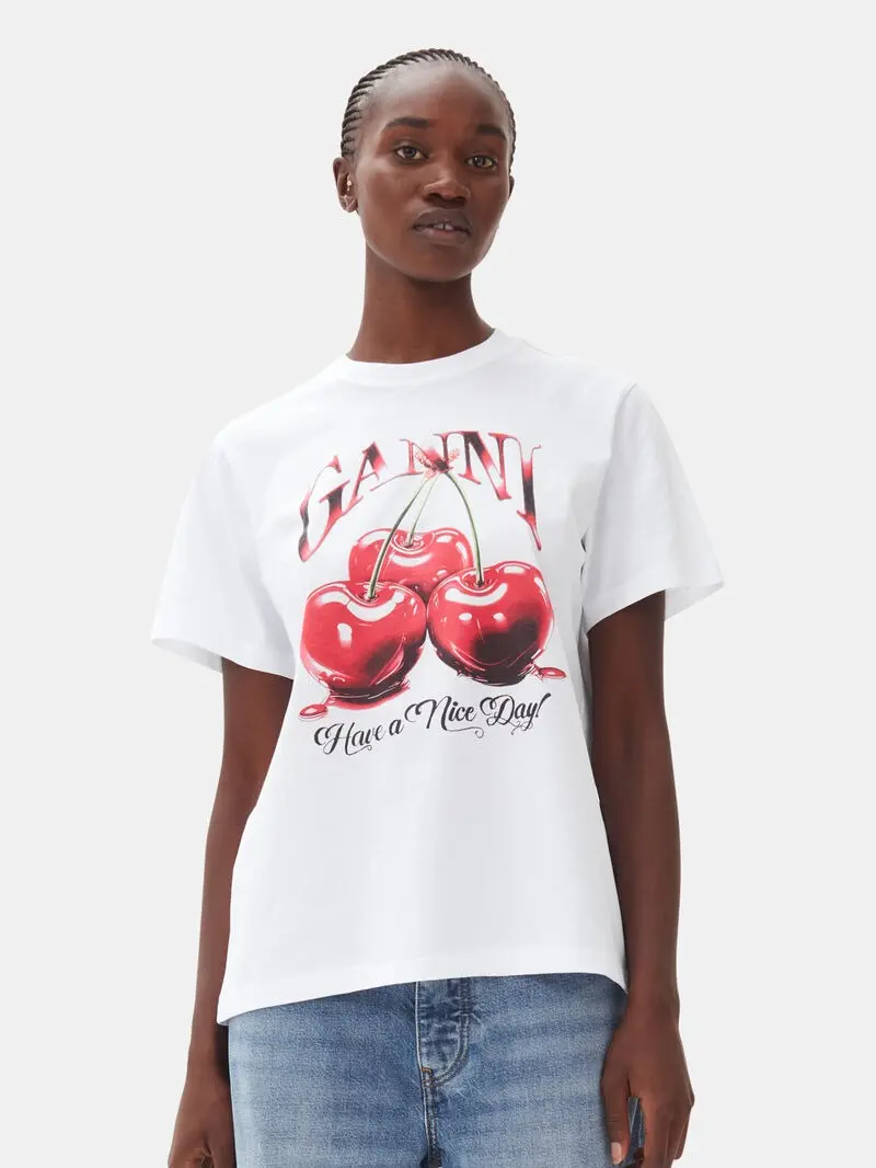 GANNI White Basic Jersey Cherry Relaxed T-shirt 100% Organic Cotton Crew Neck Short Sleeves GANNI Logo Graphic Print Summer Casual Wear
