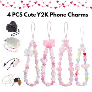 4 PCS Cute Y2K Phone Charms – Aesthetic Beaded Cellphone Accessories, Bear, Bow, Butterfly, Heart, Star, Flower Wrist Straps, Pink Anti-Theft Chain for Bag, Keychain, AirPods Decor