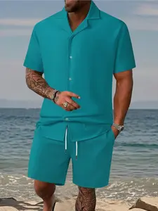 Men’s American-style casual solid-color two-piece set, skin-friendly and breathable, versatile and slimming, suitable for summer beach vacations., Menswear, Shortsleeve