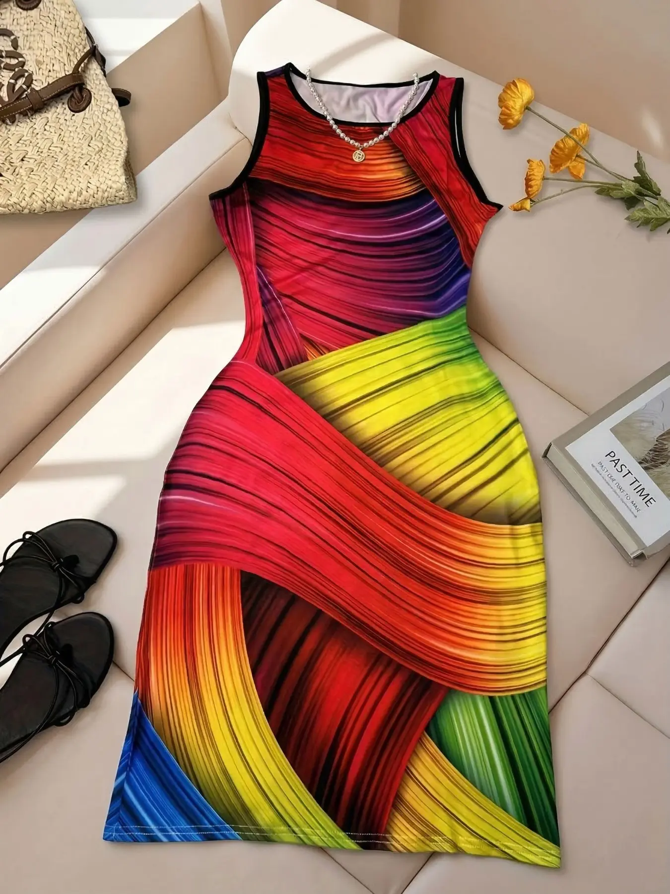 Casual Sleeveless Round Neck Rainbow Printed Dress, Boho Bohemian Casual Dresses, Boho Style Dress, Boho Chic, Slim Fit Mid-Length Tee, Fashionable Party Wear, Summer, All Seasons, Womenswear, No Ca Prop 65 Warning