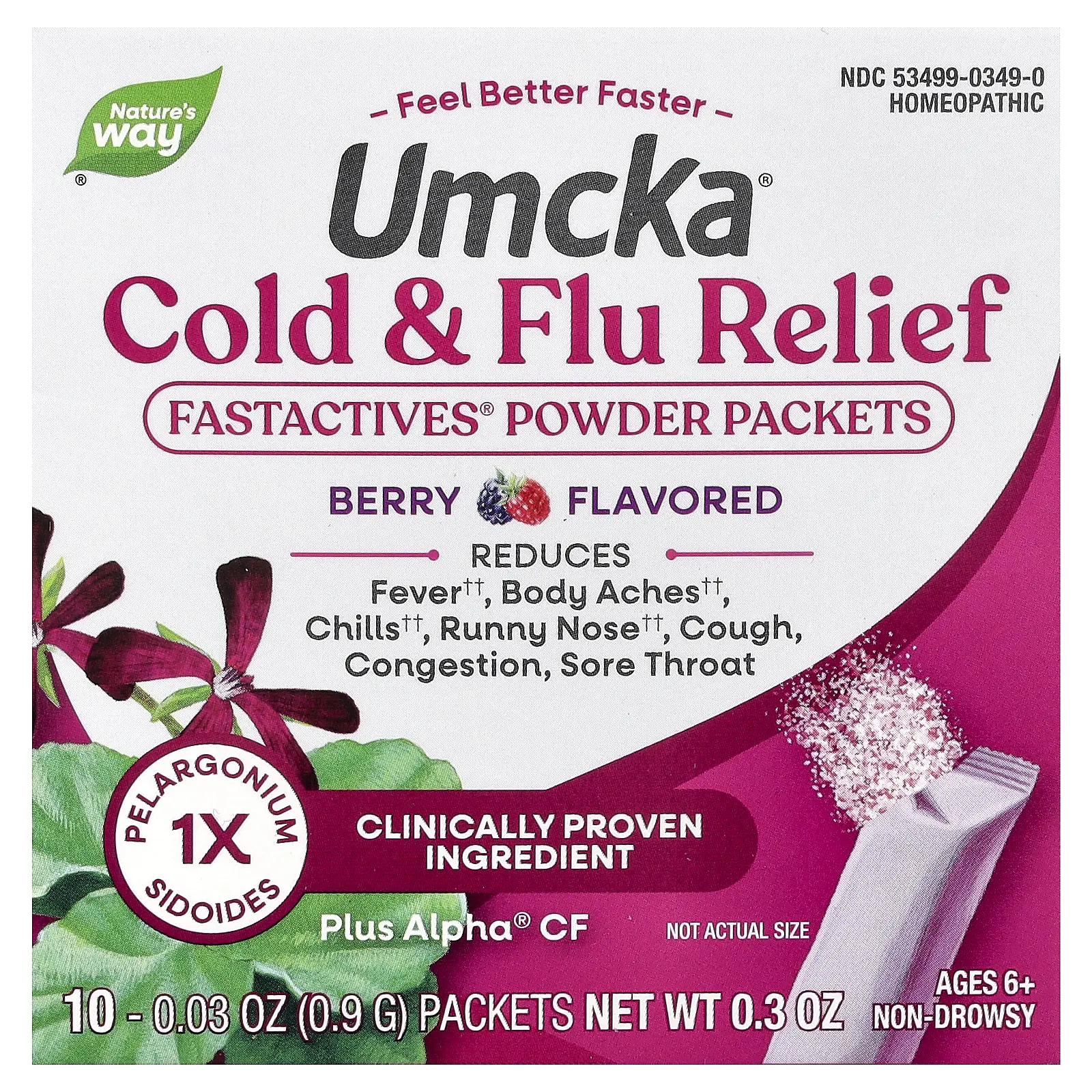 Nature's Way Umcka®, Cold + Flu Relief Fastactives® Powder Packets, Ages 6+, Berry, 10 Packets, 0.03 oz (0.9 g) each | HSA/FSA Eligible