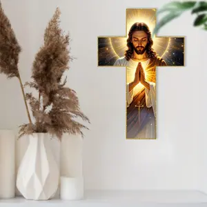1 piece 2D flat print wooden Christ cross - 8x12 inches, gold halo and glow design, religious wall art, Stylish religious decor, suitable for home, church, cafe, restaurant decoration - priest gift, suitable for Christmas, Halloween, Thanksgiving
