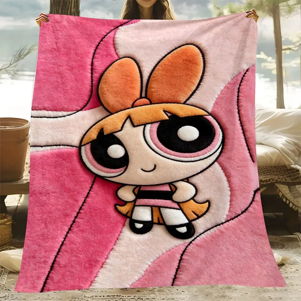 Powerpuff Girls Blossom 3D Effect Throw Blanket, 90s Cartoon Fan Themed Cozy Blanket, Soft Fluffy Lightweight Blanket for All Seasons, Anti-Pilling Washable Decorative Blanket, cooling blankets