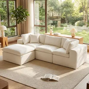 【2 Packages Shipping】Cloud Couch Sectional Sofas for Living Room,Cream White Modular Sectional Sofa Couch Set with Ottomaan,Deep Seat L Shaped Couch Bed,Boneless Convertible x-Sofa Couch for Apartment Furniture
