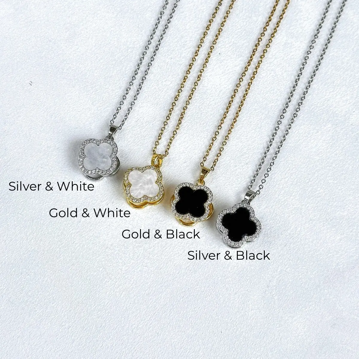Spinner Clover Necklace | Stainless Steel with Cubic Zirconia | Mother of Pearl Pendant Gift for Women | Silver White Color