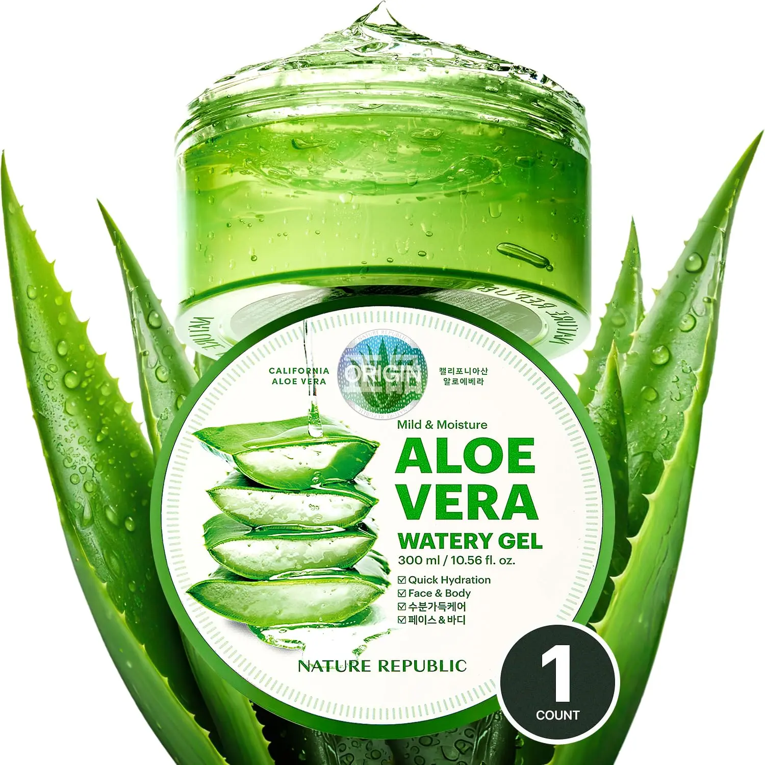 Nature Republic Mild & Moisture Aloe Vera Watery Gel (1 Jar) | Hydrating & Moisturizing, Fast-Absorbing Non-Sticky, Aftersun & Aftershave Soothing Gel for Face & Hair, Korean Skincare, All Skin Types