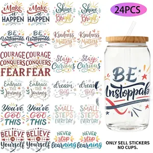 UV DTF Transfer Stickers - 24 pieces/set, Positive Quotes Theme, UV DTF 16OZ DIY transfer stickers suitable for 16-ounce water bottles, glass bottles, laptops, home decoration DIY, high-viscosity transfer paper, Adhesive Vinyl Decal