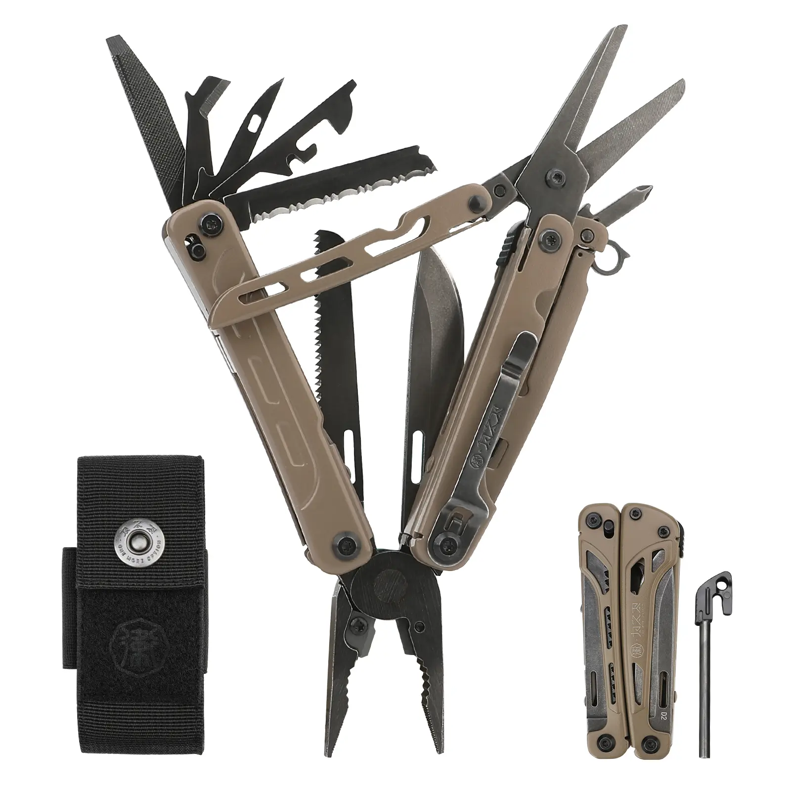 Xhandle MT-12 21-in-1 Multipurpose Tool - D2 Steel Folding Knife, Desert Tan Pliers, Black Stonewashed Finish, Large EDC Scissors, Rust Resistant Outdoor Camping Equipment for Camping, Home Fixes