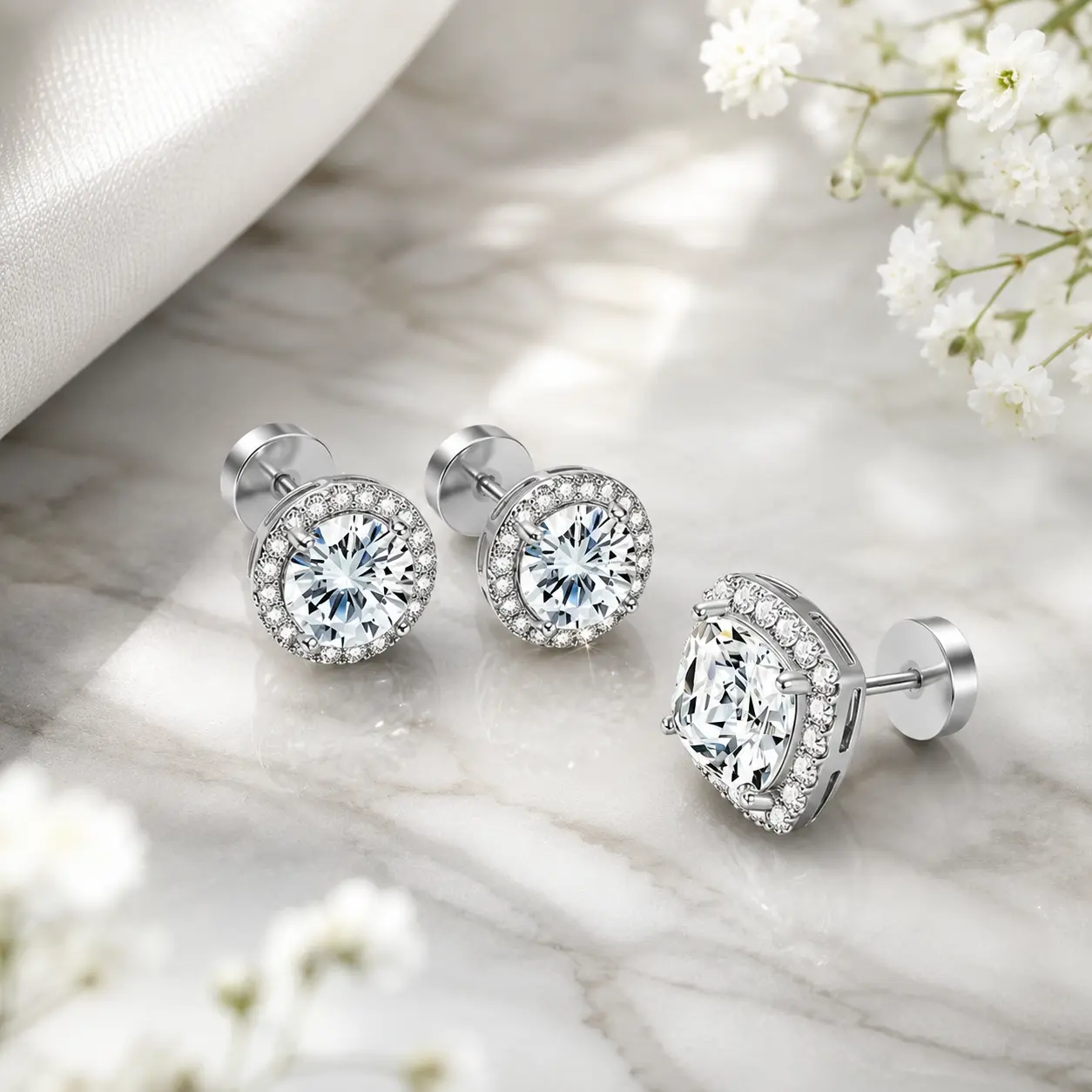 Women's Hypoallergenic 4PCS Luxury Cubic Zirconia Plug Earrings Set - Halo Design, Round & Square Styles, Stainless Steel Plated Female Costume Jewelry Gift, Hypoallergenic Earrings Set, Female Set