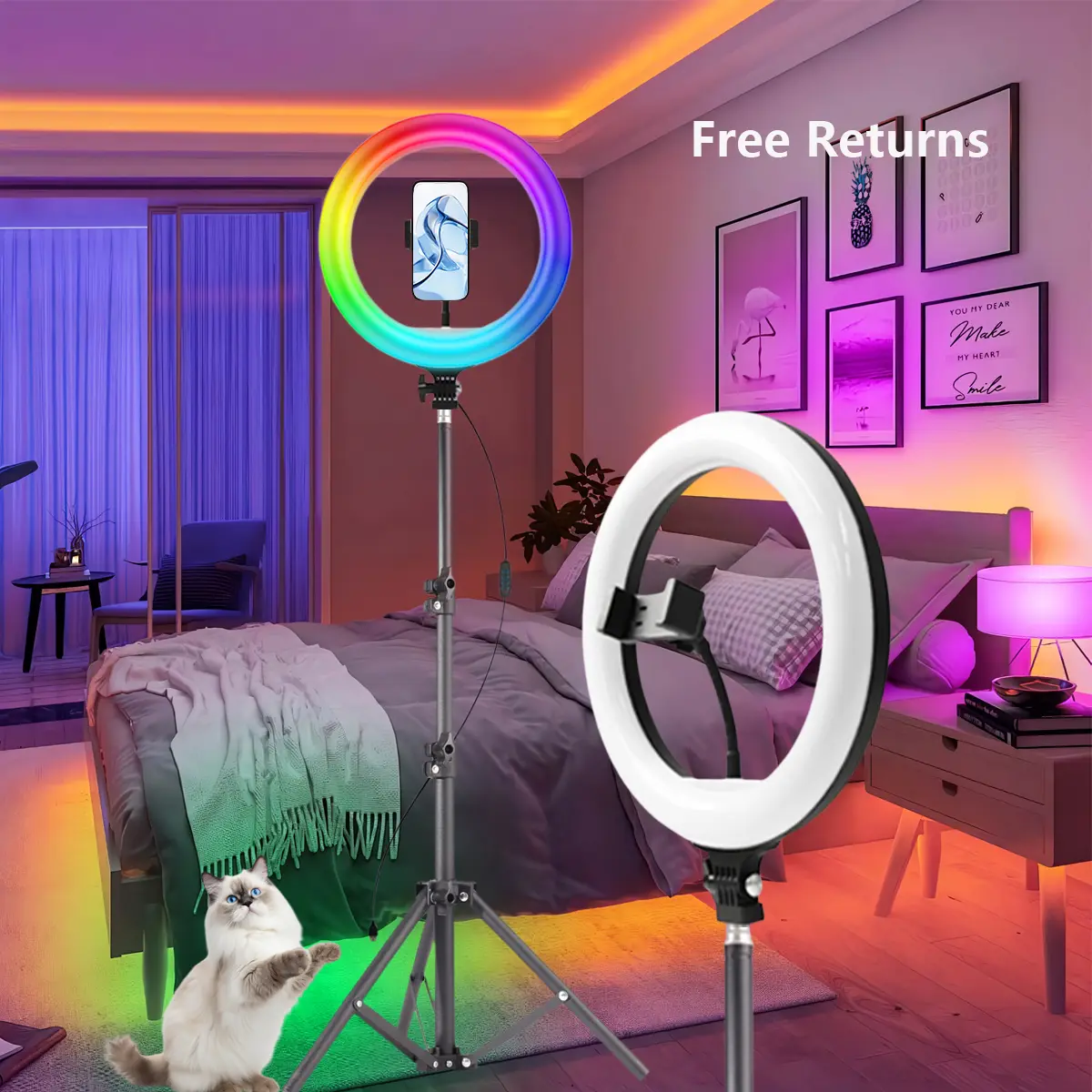 10 in LED Ring Light with 43.3 in Tripod Stand & Phone Holder, Dimmable Photographic Kit for Smartphone/Cellphone/Mobile Accessories, Camera Filming Makeup Streaming