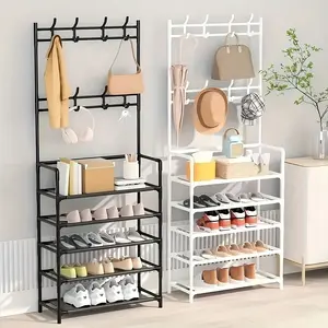 Five-tier shoe and hat rack, multifunctional integrated storage rack for clothing, hats, and footwear, home door-side shoe rack with hanging clothes function; multi-layer large-capacity storage rack; entryway storage shoe rack