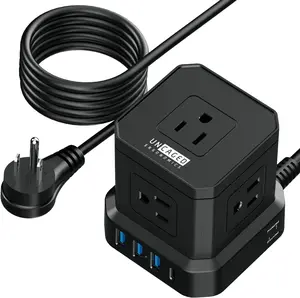 Cube 10ft Surge Protector Protector Power Strip with USB Ports - 9-in-1 flat plug power strip surge protector with 5 AC Outlets + 3 USB Ports + 1 USB-C Port - 10ft extension cord with multiple outlets, on/off switch, 320J surge protection