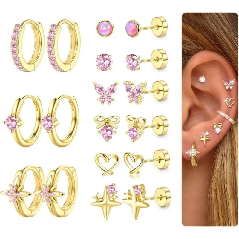 YADOCA Women's Hypoallergenic Flat Back Earrings Jewelry - 14K Gold Plated Surgical Steel, Antitarnish, Sensitive Ear Friendly, Minimalist Round Stud Hoops for Cartilage Piercing & Ear Stacking, Casual Elegant Heart Shape Earrings