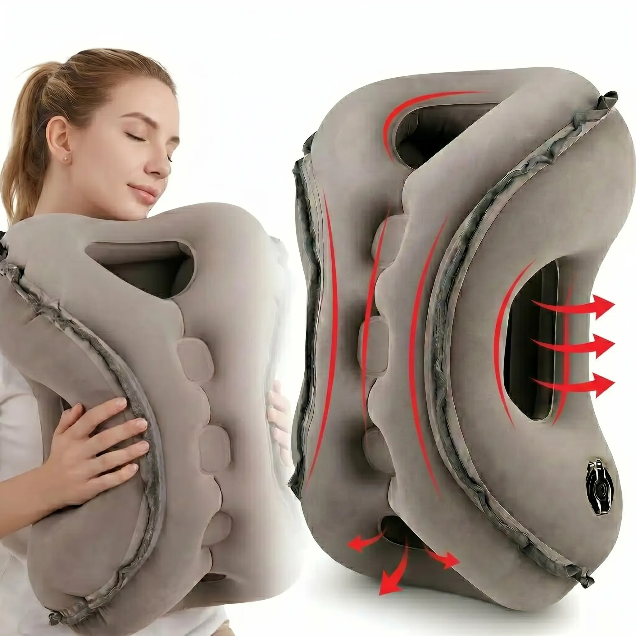 Inflatable Travel Pillow for Airplane, 4-Hole Ergonomic Neck Support Pillow, Portable Airplane Sleeping Pillow with Privacy Space, Comfort Chin/Cheek Support for Long Flights, Road Trips, Trains, Office Napping,Travel Inflatable Neck Pillow Cape Bag