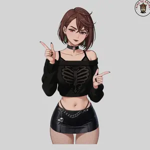 Gothic Ayase Momo Sticker – Momo in Skeleton Crop Top, Leather Skirt, Fishnet Stockings, Dark Glam Style Decal, Anime Waifu Sticker