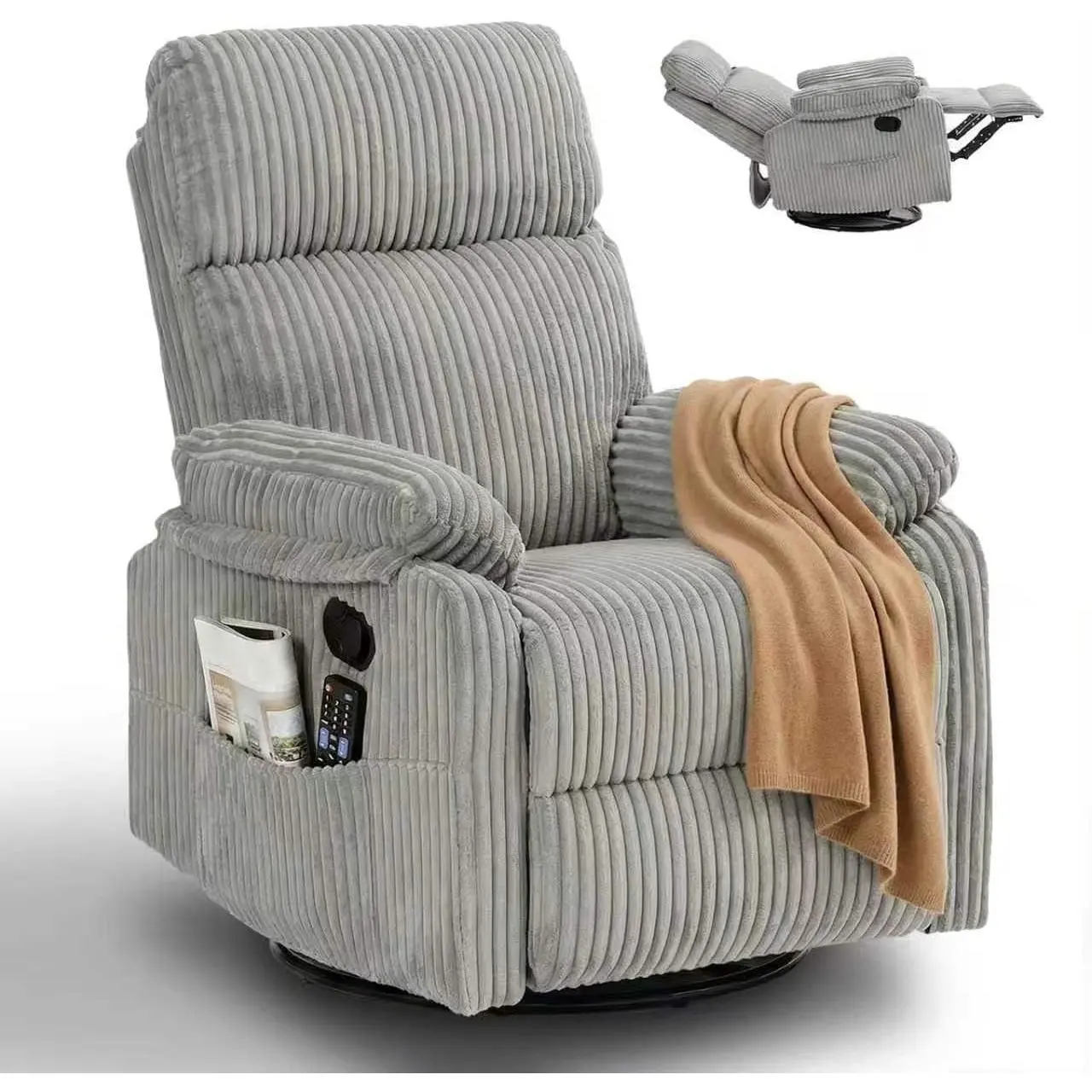 [Cozy Nursery Essential] Corduroy Swivel Glider Recliner Chair, Manual Rocking Lounge Chair for Nursery & Living Room, Small Space-Friendly with Side Pockets
