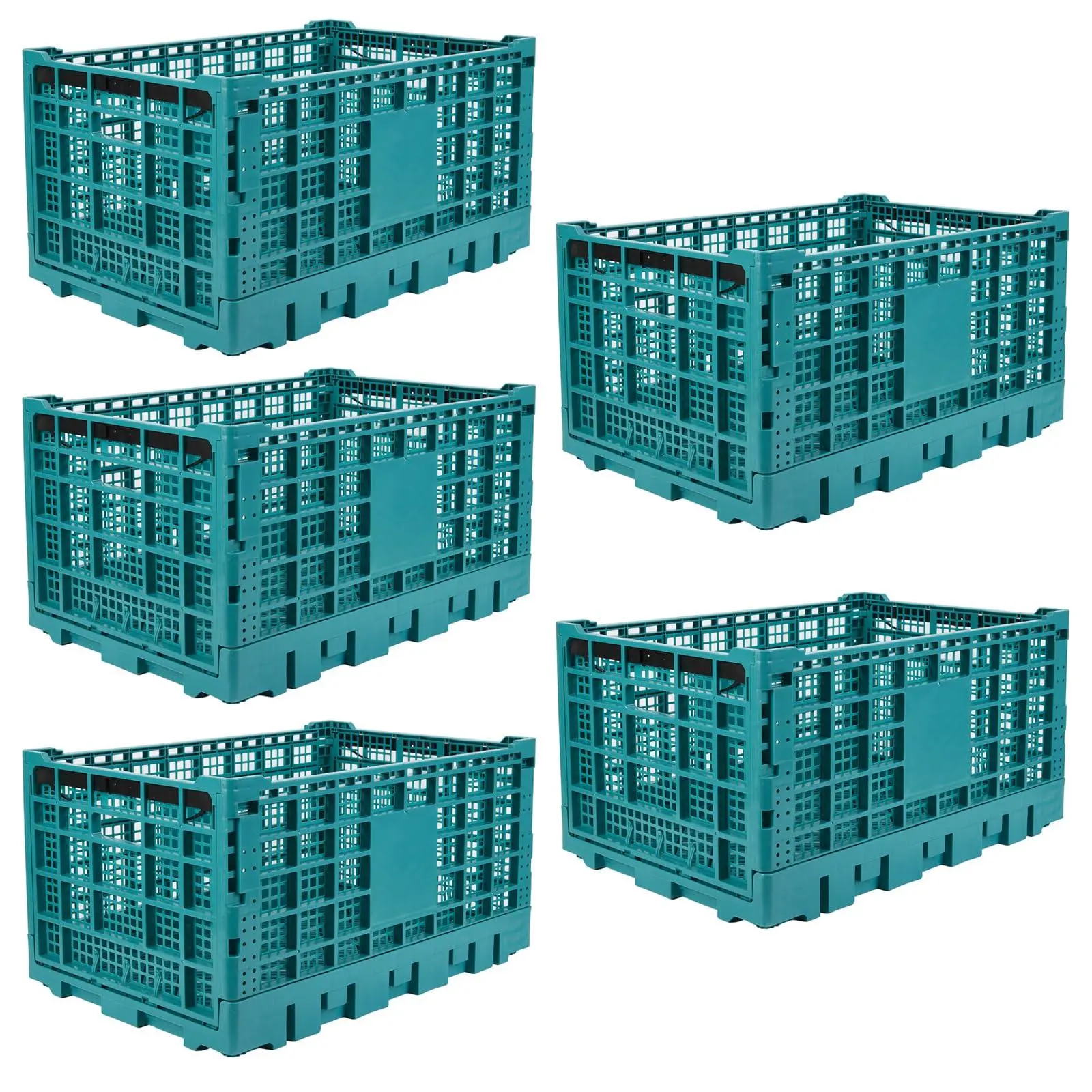 Heavy Duty Collapsible Plastic Storage Box 5 Pcs, 70L Large Capacity Foldable Moving Container, Stackable Utility Storage Crates for Vehicle Trunk, Office, Garage and Warehouse, Green