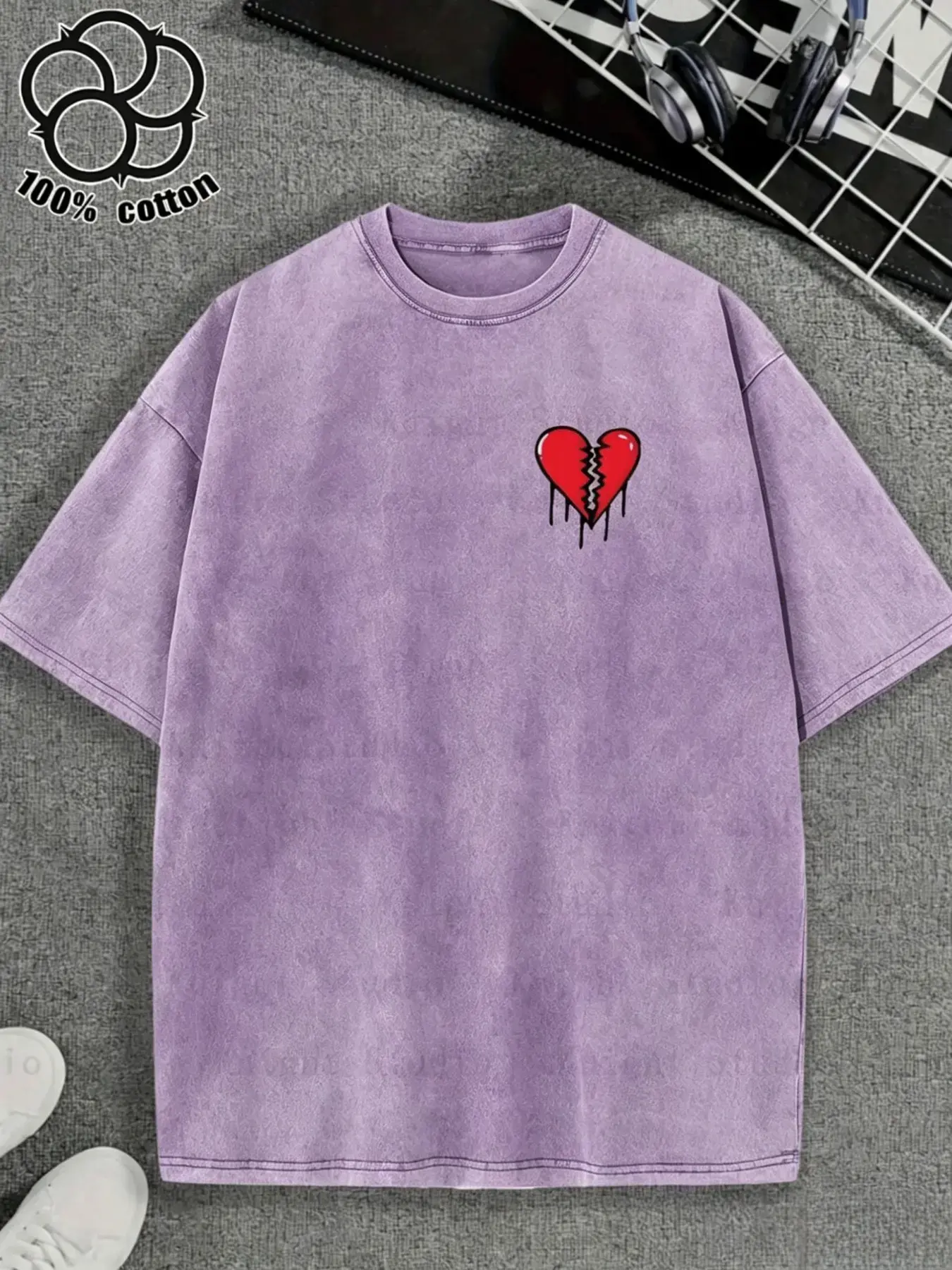 Menswear Unisex 100% Cotton Crew Neck Drop Shoulder Oversized Purple Acid Wash T-Shirt - Small Chest Dripping Broken Heart Graphic, Grunge Emo Streetwear Summer Short-Sleeve Loose Top