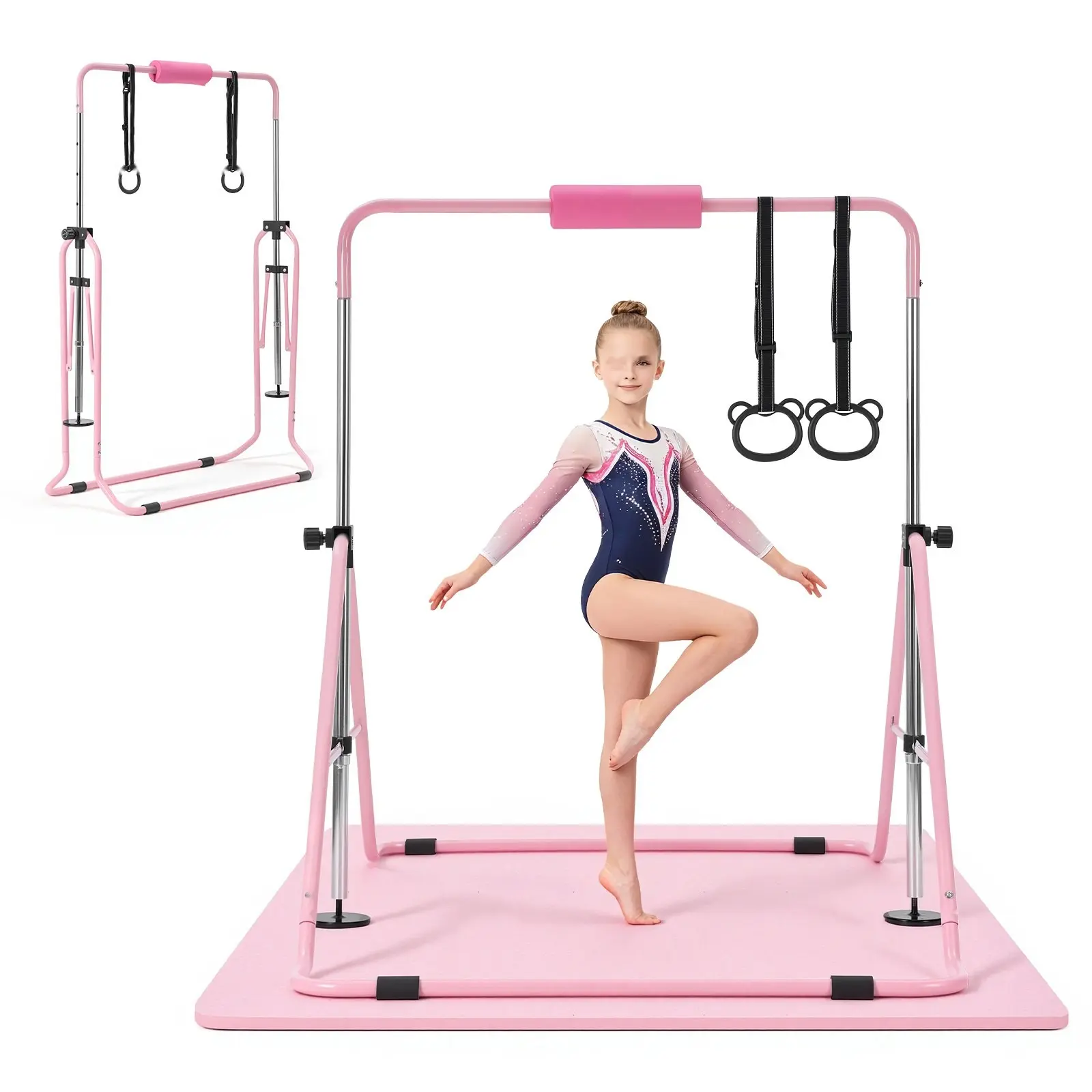 Gymnastic Bars for Kids, 140 Lbs Capacity Folding Kip Bar with Mat, Adjustable Height Horizontal Bar for Home Use, Indoor Outdoor Training Equipment, Easy Assembly, Portable Pink Bar Set with Non Slip Mat and Tools