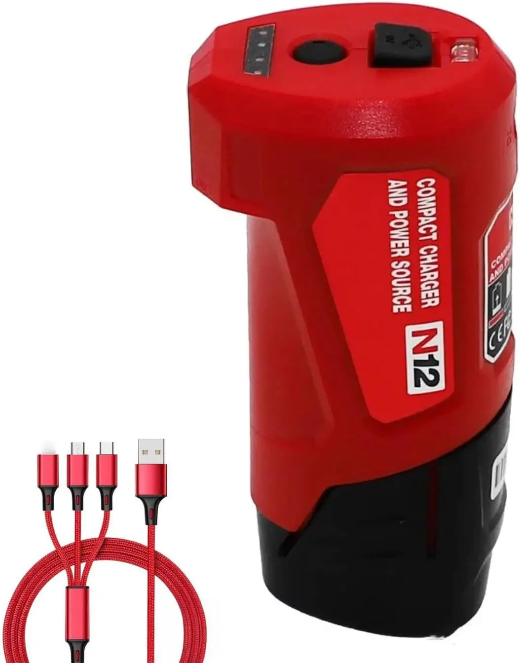12V | Portable Power Adapter & Power Station | For Milwaukee M12 | Compatible with 48-59-1201 & 49-24-2310 | For M12 12V Heated Jacket Battery | USB QC3.0 & 12V DC Output | Type-C Input | For Outdoor & Work Use | Safe Charging | No Battery Included
