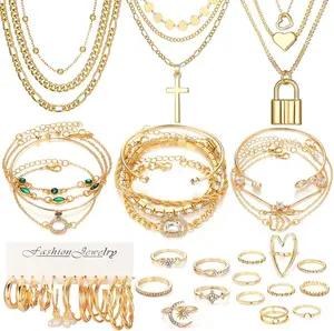 57 Pcs Gold Jewelry Set for Women,12 Pair Hoop Earrings，18 Pair Round Stud Earrings,21 Pcs Stackable Knuckle Rings,6 Pcs MultiLayer Pendant Necklaces，Fashion Accessories for women Gifts