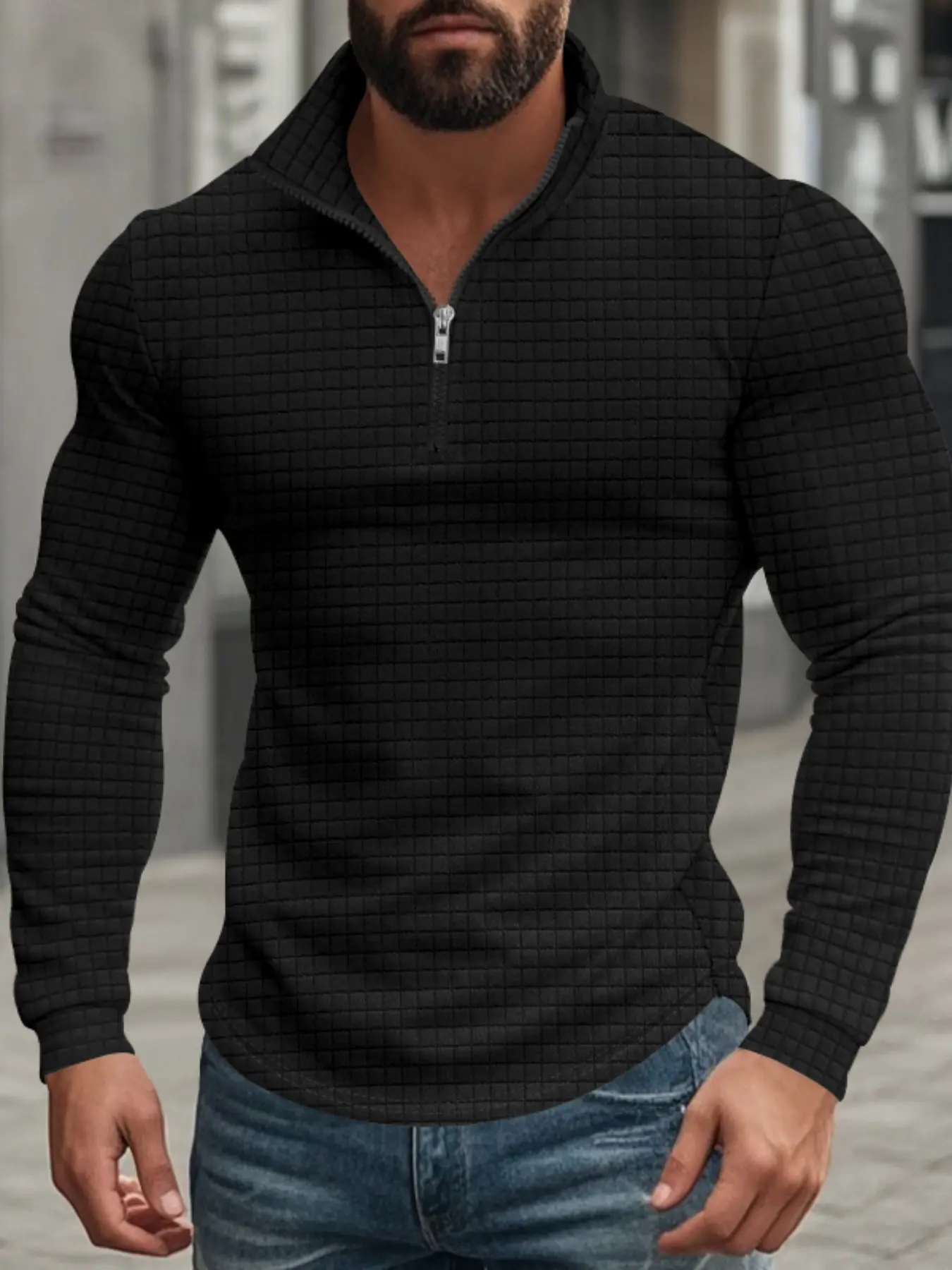 Men's Solid Color Plain Plaid Long Sleeve Fitted Knitted Sweatshirt, Knitwear, Classic Fashion Zipper Stand Collar Design, Jacquard Knit Pullover, Casual Fall Top，Fall outfits