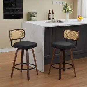 Set of 2 Counter Height Bar Stools, 26 inch Rattan Counter Height Stools with Cane Back, Upholstered Seat, Walnut Craftsmanship, Swivel Counter Stools for Island/Kitchen/Counter/Bar (Walnut Black)